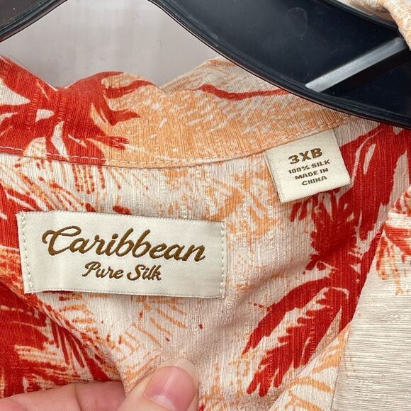 Caribbean Mens Button Up Shirt Pure Silk Palm Tree Short Sleeve Orange Size 3XB - Picture 5 of 9